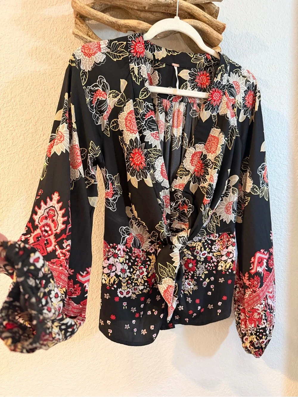 Free People top Black Floral Tie-Front Blouse silky Sz S